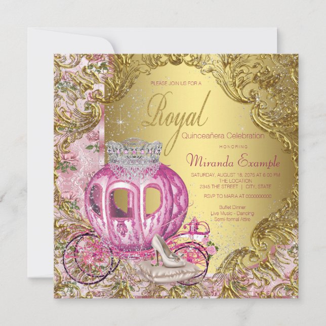 Royal Princess Quinceañera Pink and Gold Invitation (Front)
