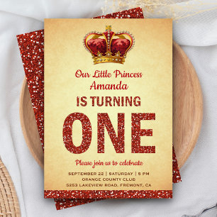 Royal Princess Red Glitter First Birthday Party Invitation
