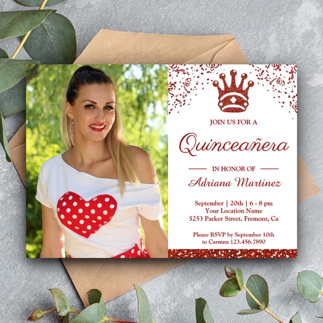 Royal Princess Red Glitter Photo Quinceanera Invitation (Creator Uploaded)