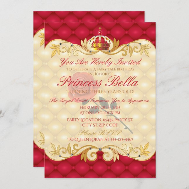 Royal Princess, Red Rose Birthday Invitations (Front/Back)