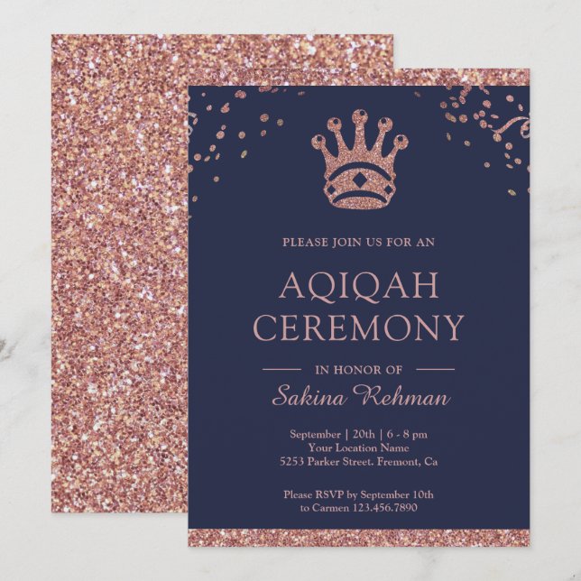 Royal Princess Rose Gold Glitter Aqeeqah | Aqiqah Invitation (Front/Back)