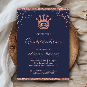 Royal Princess Rose Gold Glitter Navy Quinceanera Invitation