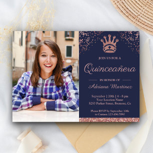 Royal Princess Rose Gold Glitter Photo Quinceanera Invitation
