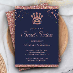 Royal Princess Rose Gold Glitter Sweet Sixteen Invitation