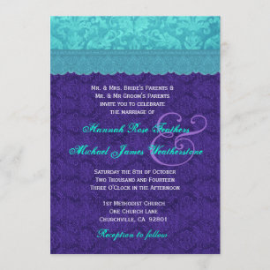 Royal Purple and Aqua Blue Damask Wedding G500A Invitation