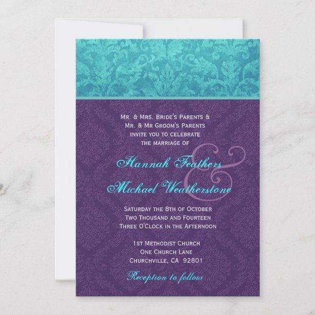 Royal Purple and Aqua Blue Damask Wedding Metallic Invitation (Front)