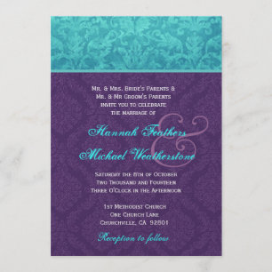 Royal Purple and Aqua Blue Damask Wedding Metallic Invitation