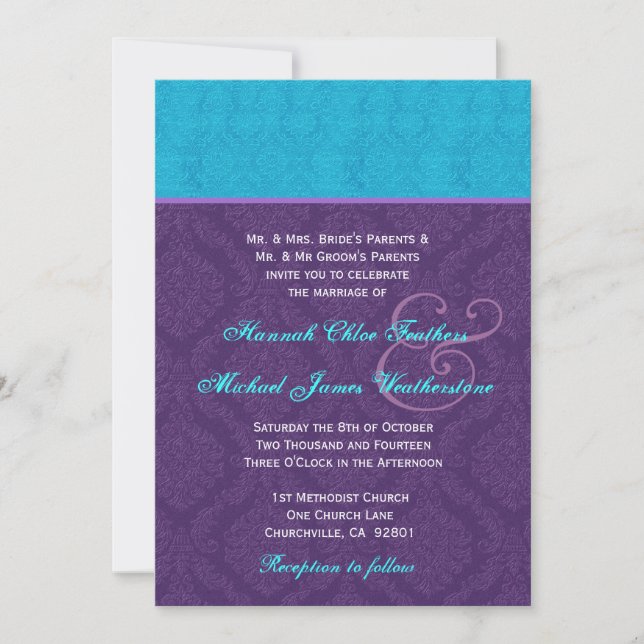 Royal Purple and Aqua Blue Damask Wedding V2 Invitation (Front)