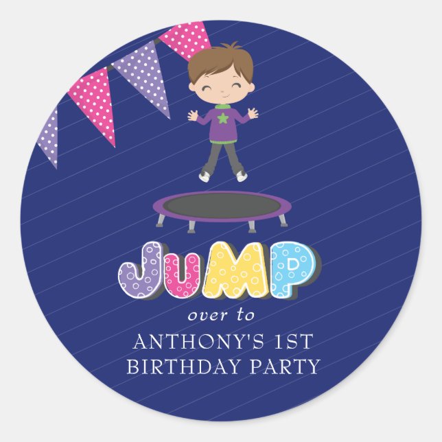 Royal Purple and Blue Trampoline Birthday Party Classic Round Sticker (Front)