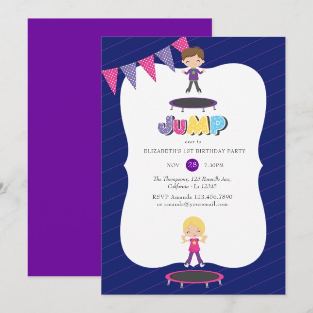 Royal Purple and Blue Trampoline Birthday Party Invitation (Front/Back)