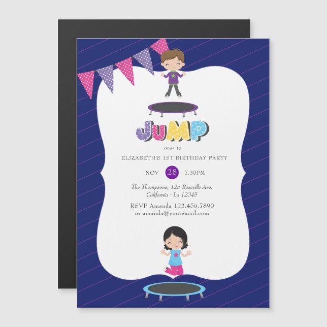 Royal Purple and Blue Trampoline Birthday Party Magnetic Invitation (Front/Back)