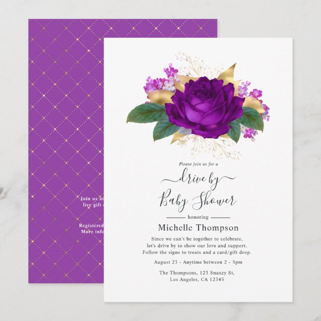 Royal Purple and Gold Floral Drive By Shower Invitation (Front/Back)