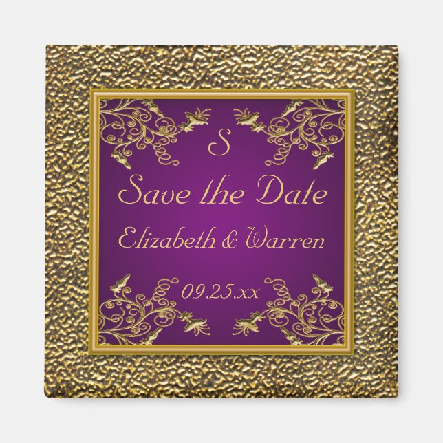 Royal Purple and Gold Floral Save the Date Magnet (Front)