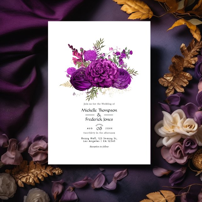 Royal Purple and Gold Floral Wedding Invitation (Creator Uploaded)