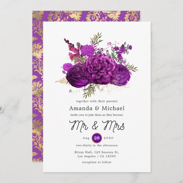 Royal Purple and Gold Floral Wedding Invitation (Front/Back)