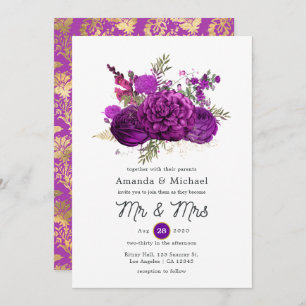 Royal Purple and Gold Floral Wedding Invitation