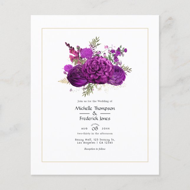 Royal Purple and Gold Floral Wedding Invitation Flyer (Front)