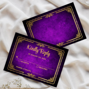 Royal Purple and Gold Frame Deco Wedding RSVP Card