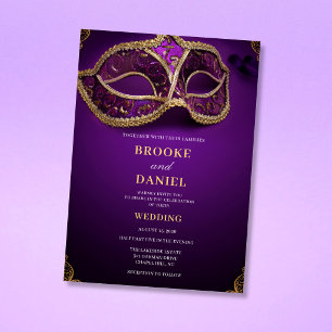 Royal Purple and Gold Frame Masquerade Wedding Invitation