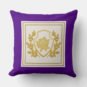 Royal Purple and Gold Heraldic Rose Shield Cushion