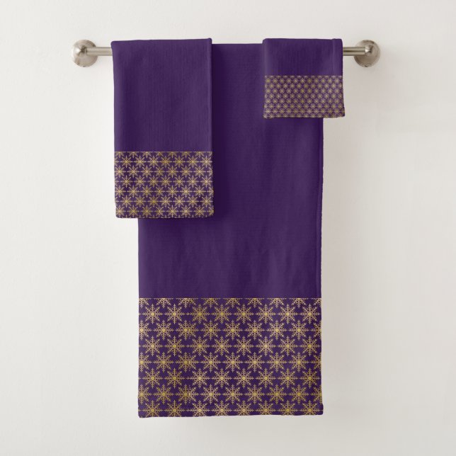 Royal Purple and Gold Snowflakes Bath Towel Set (Insitu)
