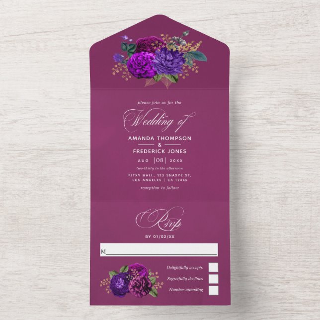 Royal Purple and Gold Wedding All In One Invitatio All In One Invitation (Inside)