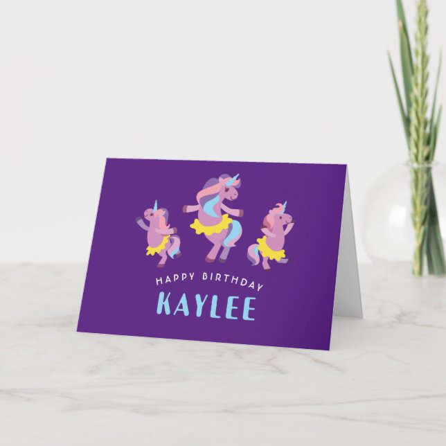 Royal Purple and Pink Dancing Unicorn Birthday Card (Front)