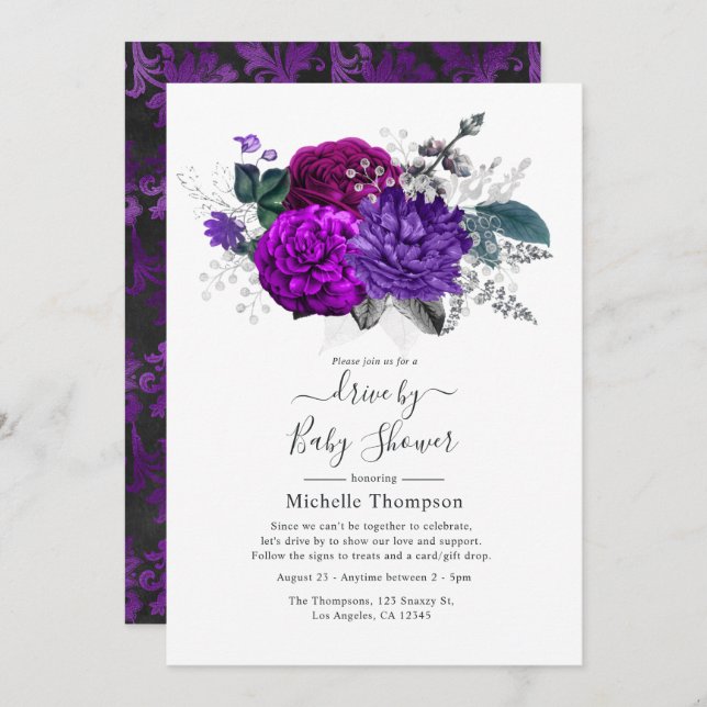 Royal Purple and Silver Floral Drive By Shower Invitation (Front/Back)