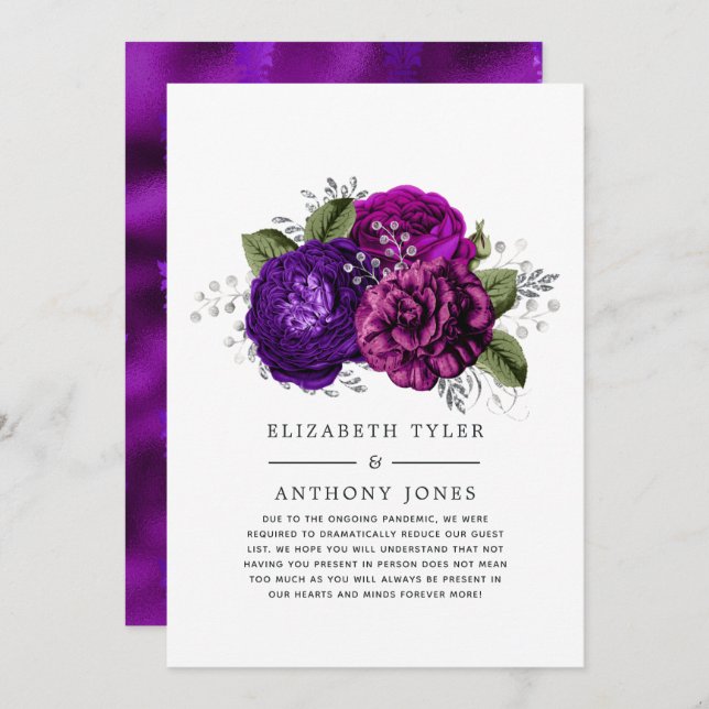 Royal Purple and Silver Floral Wedding Guest List Announcement (Front/Back)