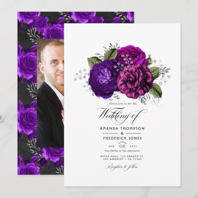 Royal Purple and Silver Floral Wedding Photo Invitation (Front/Back)