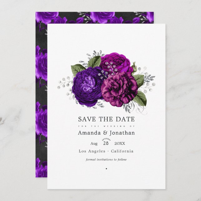 Royal Purple and Silver Floral Wedding Photo Save The Date (Front/Back)