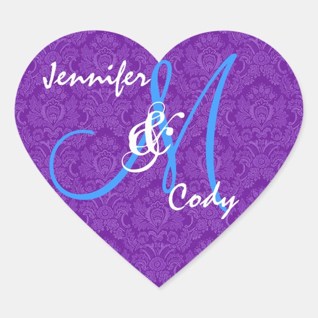ROYAL PURPLE and TURQUOISE  Wedding Monogram V2 Heart Sticker (Front)