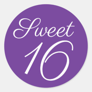 Royal Purple and White Sweet 16 Typography Classic Round Sticker