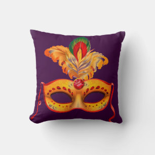 Royal Purple and yellow feather Masquerade mask Cushion