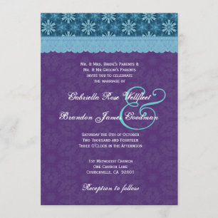Royal Purple Aqua Blue Lace Wedding V8 Invitation