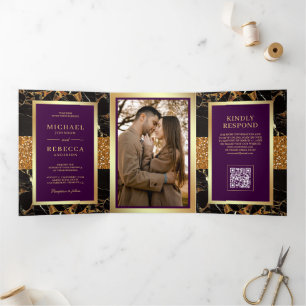 Royal Purple Black Marble Gold QR Code Wedding Tri-Fold Invitation