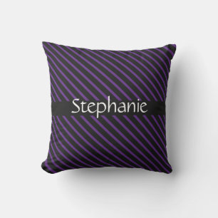 Royal Purple Black White Custom Name Stripes Cushion