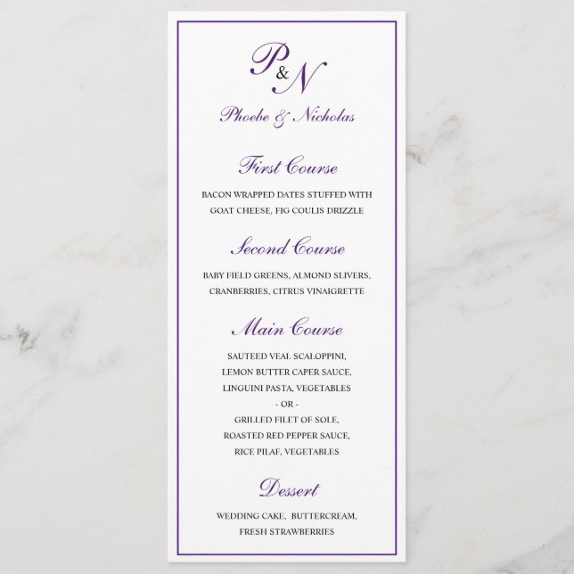 Royal Purple Classic Elegant Wedding Menu (Front)