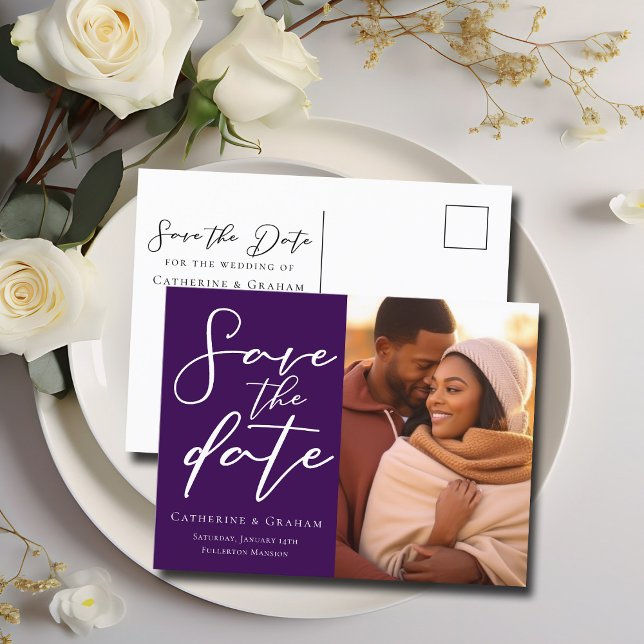 Royal Purple Couple Photo Elegant Save the Photo Announcement Postcard (Creator Uploaded)