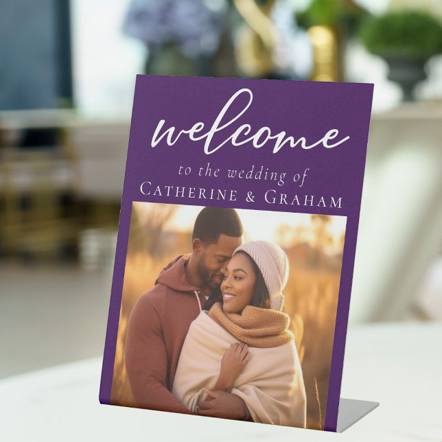 Royal Purple Couple Photo Wedding Welcome Pedestal Sign (Creator Uploaded)
