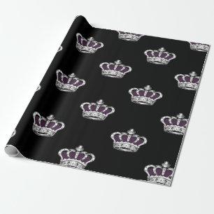 Royal Purple Crown Pattern on Bold Black Back Wrapping Paper