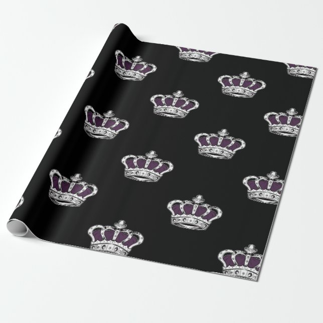 Royal Purple Crown Pattern on Bold Black Back Wrapping Paper (Unrolled)