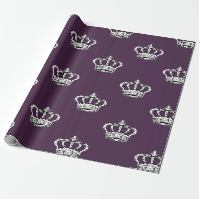 Royal Purple Crown Pattern on Purple Background Wrapping Paper (Unrolled)