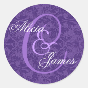 Royal Purple Damask Wedding ANY Monogram V01 Classic Round Sticker