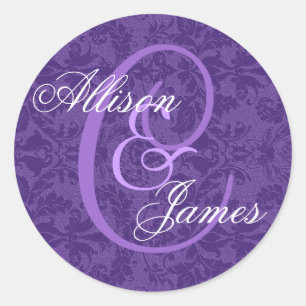 Royal Purple Damask Wedding Custom Monogram V01 Classic Round Sticker