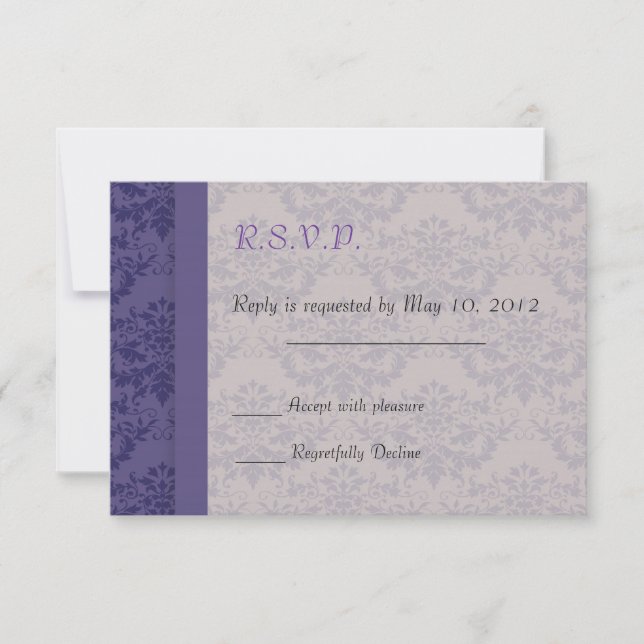 Royal Purple Damask Wedding RSVP Card (Front)