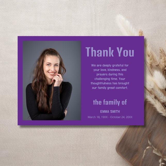 Royal Purple Elegant Photo Funeral Sympathy Thank You Card (Creator Uploaded)