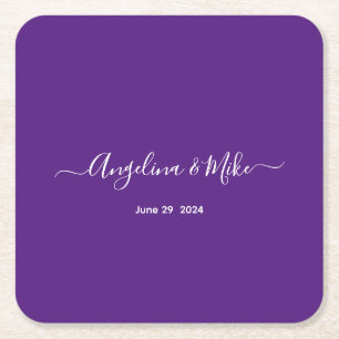 Royal purple - elegant script personalised square paper coaster