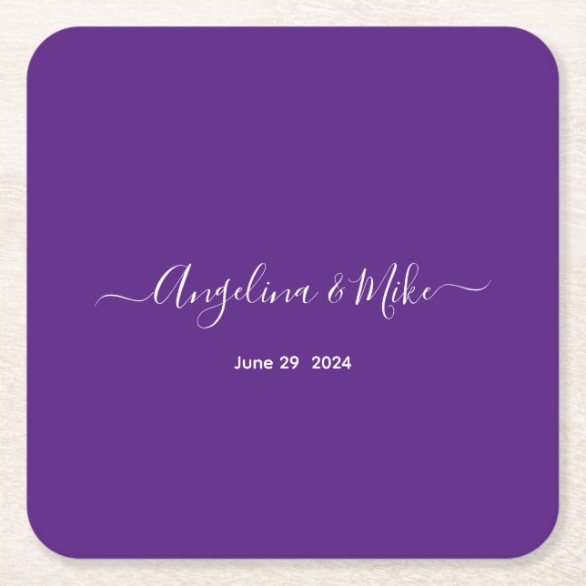 Royal purple - elegant script personalised square paper coaster (Front)