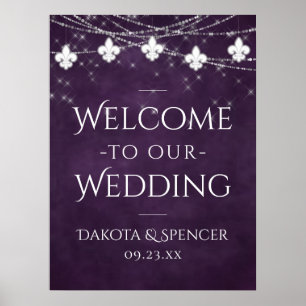Royal Purple Fleur de Lis Light Wedding Welcome Poster